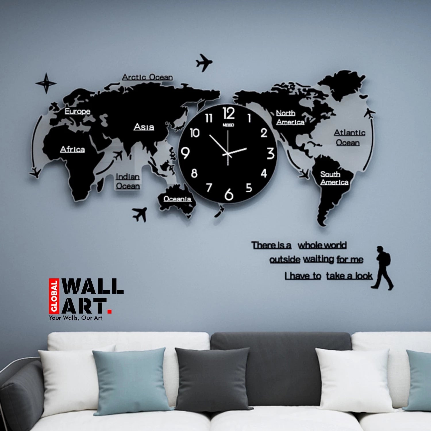 World Map Wooden Wall Clock - Self Adhesive - Global Wall Art