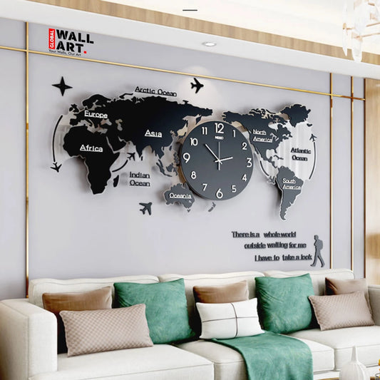 World Map Wooden Wall Clock - Self Adhesive - Global Wall Art