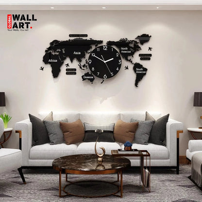 World Map Wooden Wall Clock - Self Adhesive - Global Wall Art