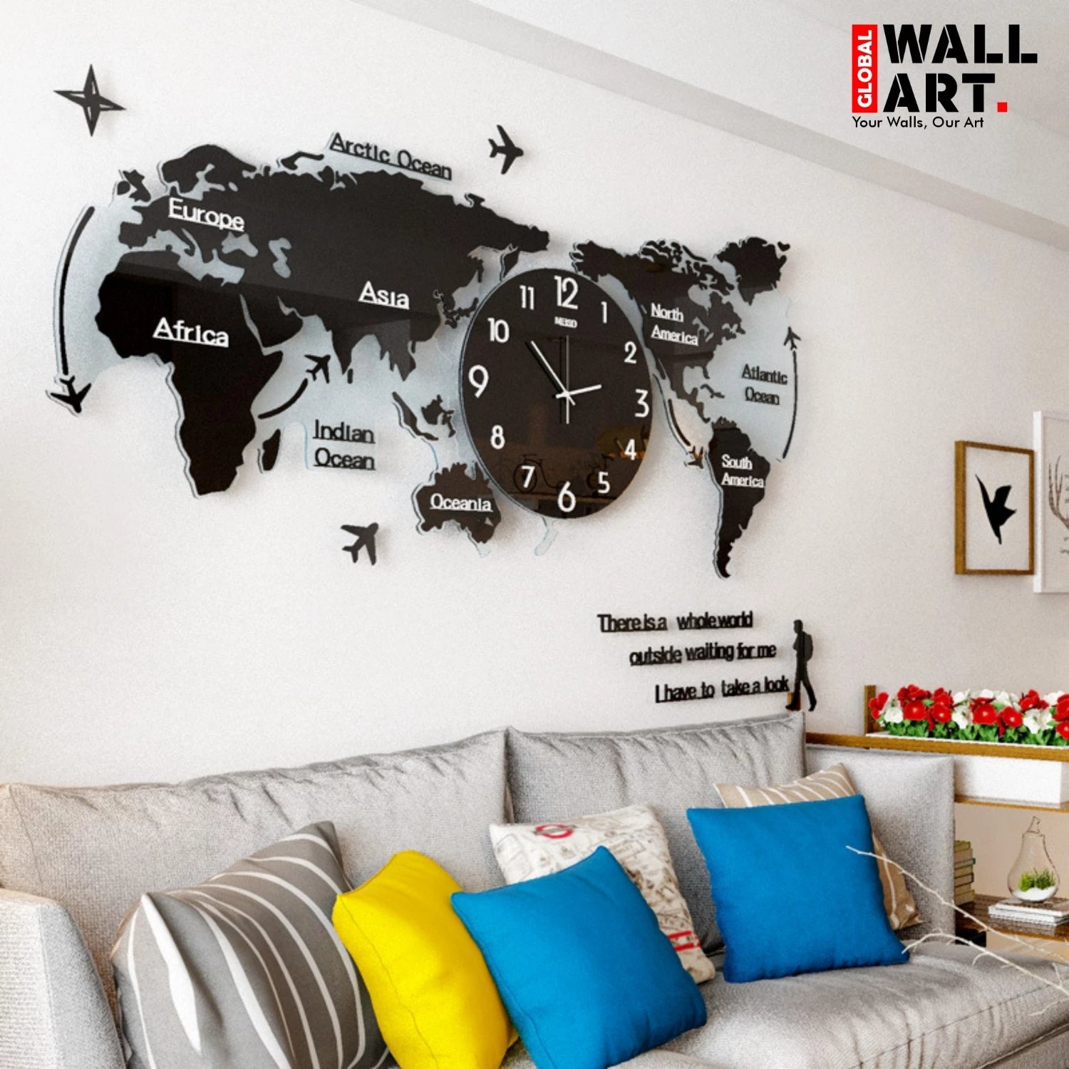 World Map Wooden Wall Clock - Self Adhesive - Global Wall Art