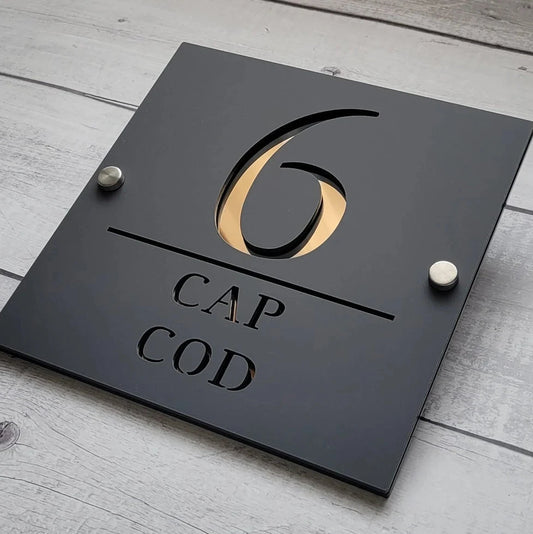 Customizable Black and Golden Square Shaped Acrylic House Name Plate