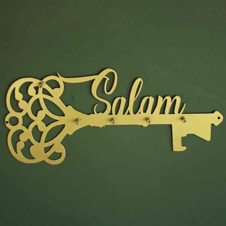 Golden Matel Salam Key Holder – Islamic Wall Decor with Latin Calligraphy