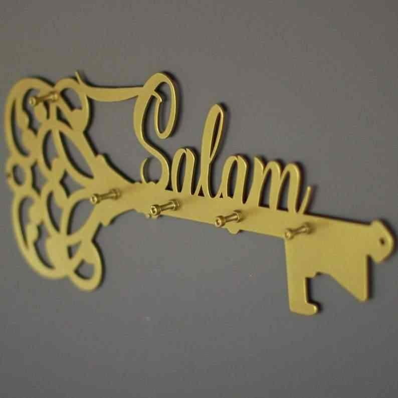 Golden Matel Salam Key Holder – Islamic Wall Decor with Latin Calligraphy