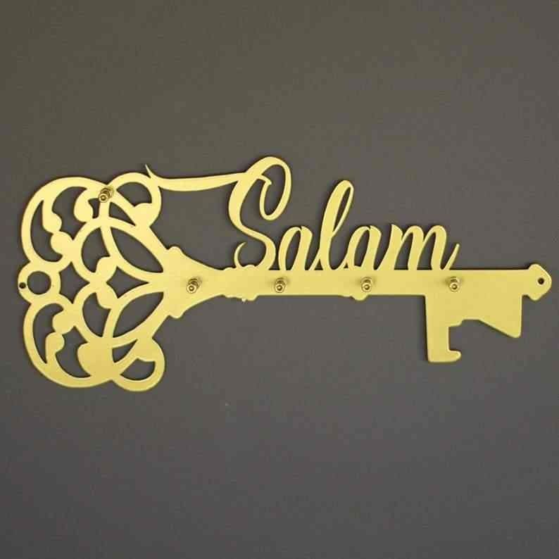 Golden Matel Salam Key Holder – Islamic Wall Decor with Latin Calligraphy