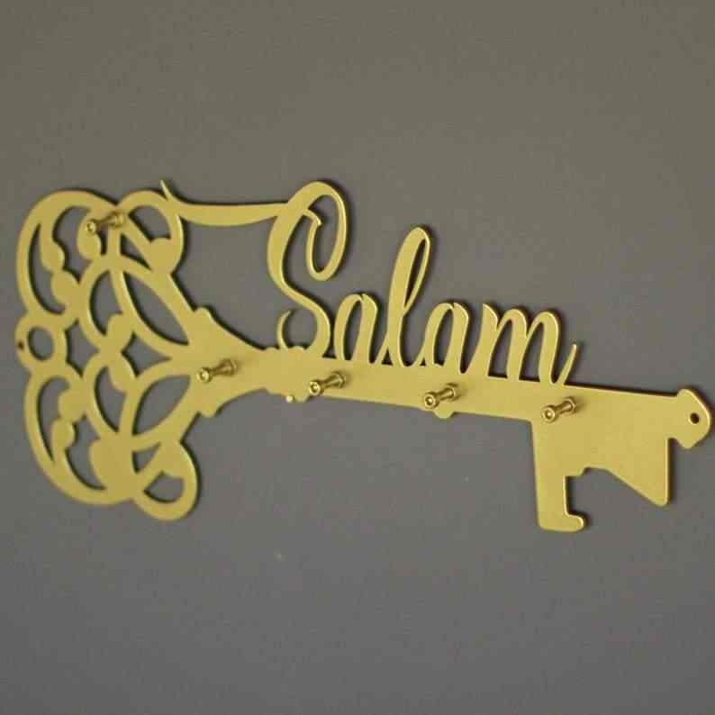 Golden Matel Salam Key Holder – Islamic Wall Decor with Latin Calligraphy