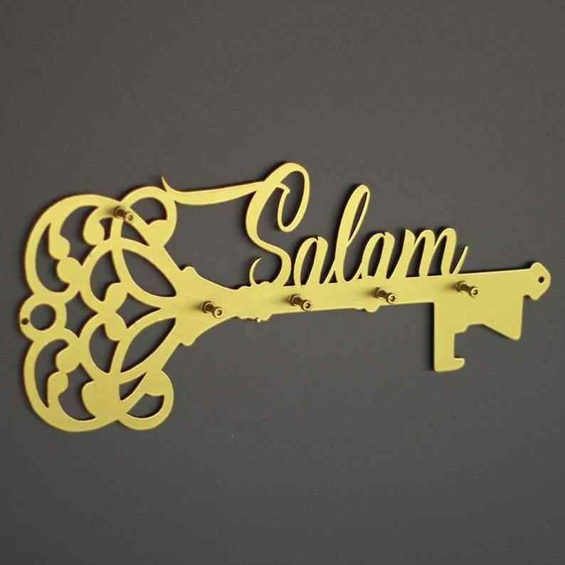 Golden Matel Salam Key Holder – Islamic Wall Decor with Latin Calligraphy